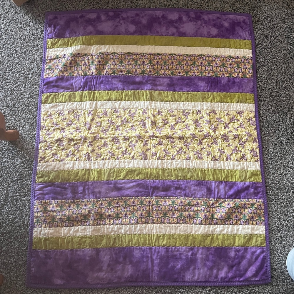 Handmade Floral Striped Quilt Purple Green Cotton Throw Blanket 38"x47" Bohemian